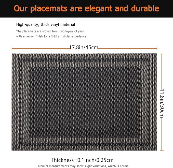 Placemats Set of 6 Washable&Wipeable Place mats for Dining Table Kitchen Indoor Outdoor Table Mats Heat Resistant Non Slip Woven Vinyl Table Placemats (Black，6PCS)