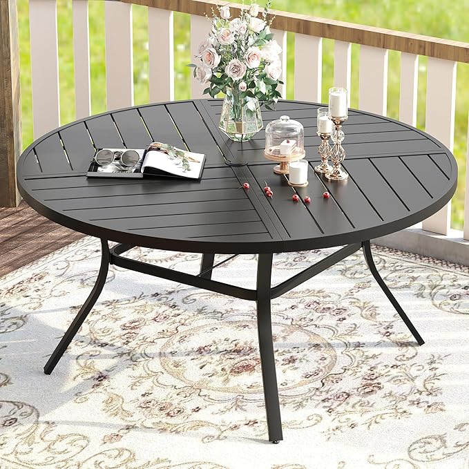 VICLLAX Round Patio Table with Adjustable Umbrella Hole for 8, All Weather Metal Outdoor Dining Table for Lawn Garden, 59.8" Outdoor Coffee Table, Black Tabletop