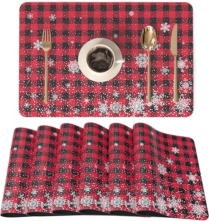 QIYI Christmas Placemats Set of 6, 12x18 Inch Faux Leather Place Mats for Kitchen Dinning, Heat Resistant Non Slip Winter Table Mats, Waterproof Wipeable Placemat Party Décor, Buffalo Plaid Snowflakes