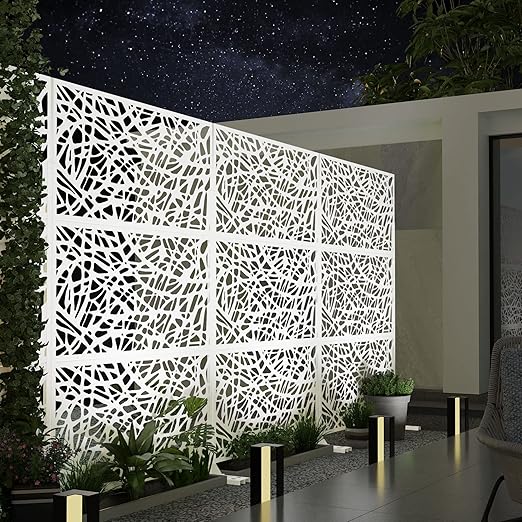 Casaphoria Metal Privacy Screen Outdoor, 72" H x 47" W Freestanding Decorative Privacy Screen for Patio Deck Balcony Garden with Stable Base, White-Net