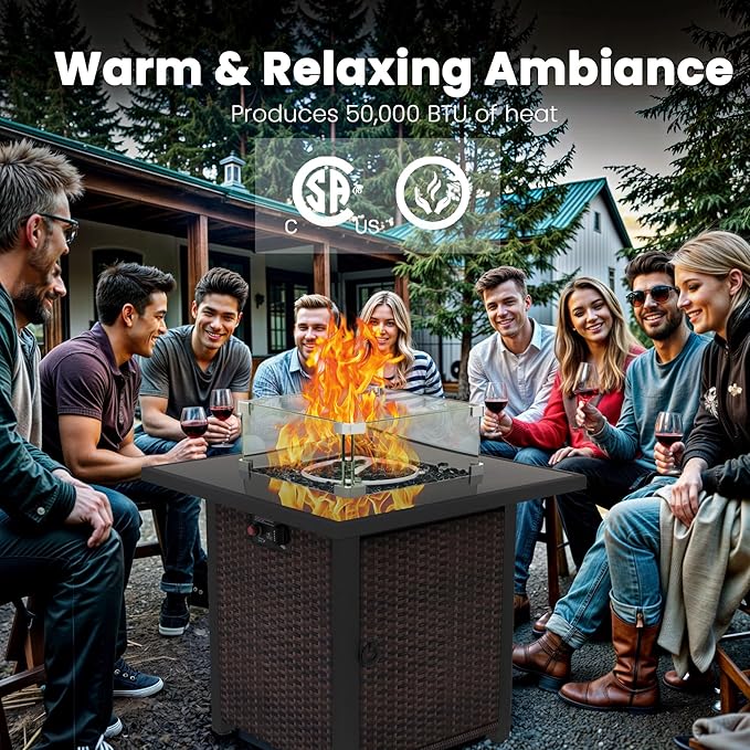 Propane Outdoor Fire Pit Table, 28" Rattan Square Fire Pit Table, Outdoor Gas FirePit W/Glass Wind Guard, Tempered Glass Tabletop, Lid, CSA Listed, 50,000 BTU, Outside Patio Deck & Garden, Brown