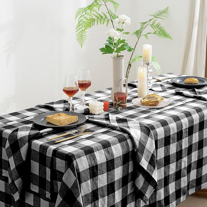 EVERLY 100% Yarn-Dyed Linen Rectangle Tablecloths 60x84Inches for Dining,Buffet Parties,Picnic,Events and Restaurants,Decorative Halloween,Thanksgiving Machine Washable Tablecloths-Black Plaid