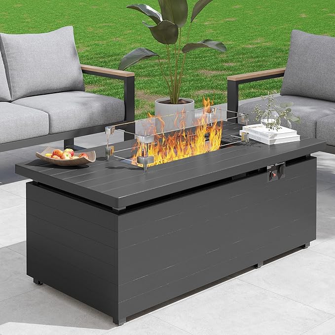 Sundale Outdoor 51 Inch Outdoor Fire Pit Table, 50,000BTU Rectangle Propane Fire Pit with Sliding Tank Holder, Glass Wind Guard, Removable Lid, CSA Certified, Gray