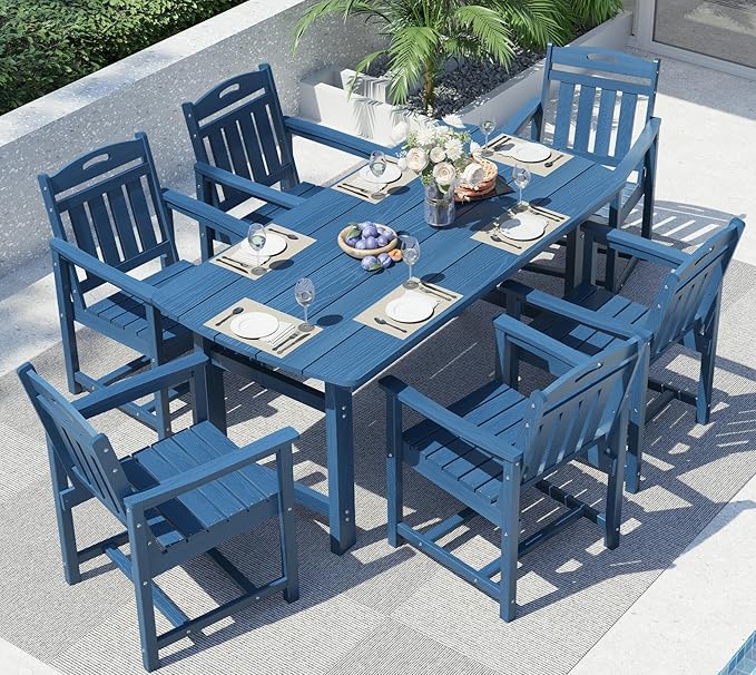 Ciokea HDPE Outdoor Dining Set, 7-Piece Patio Table and Chairs Set with Umbrella Hole, All-Weather Patio Dining Sets for 6, Durable Patio Furniture for Backyard, Garden, Lawn & Poolside, Navy Blue