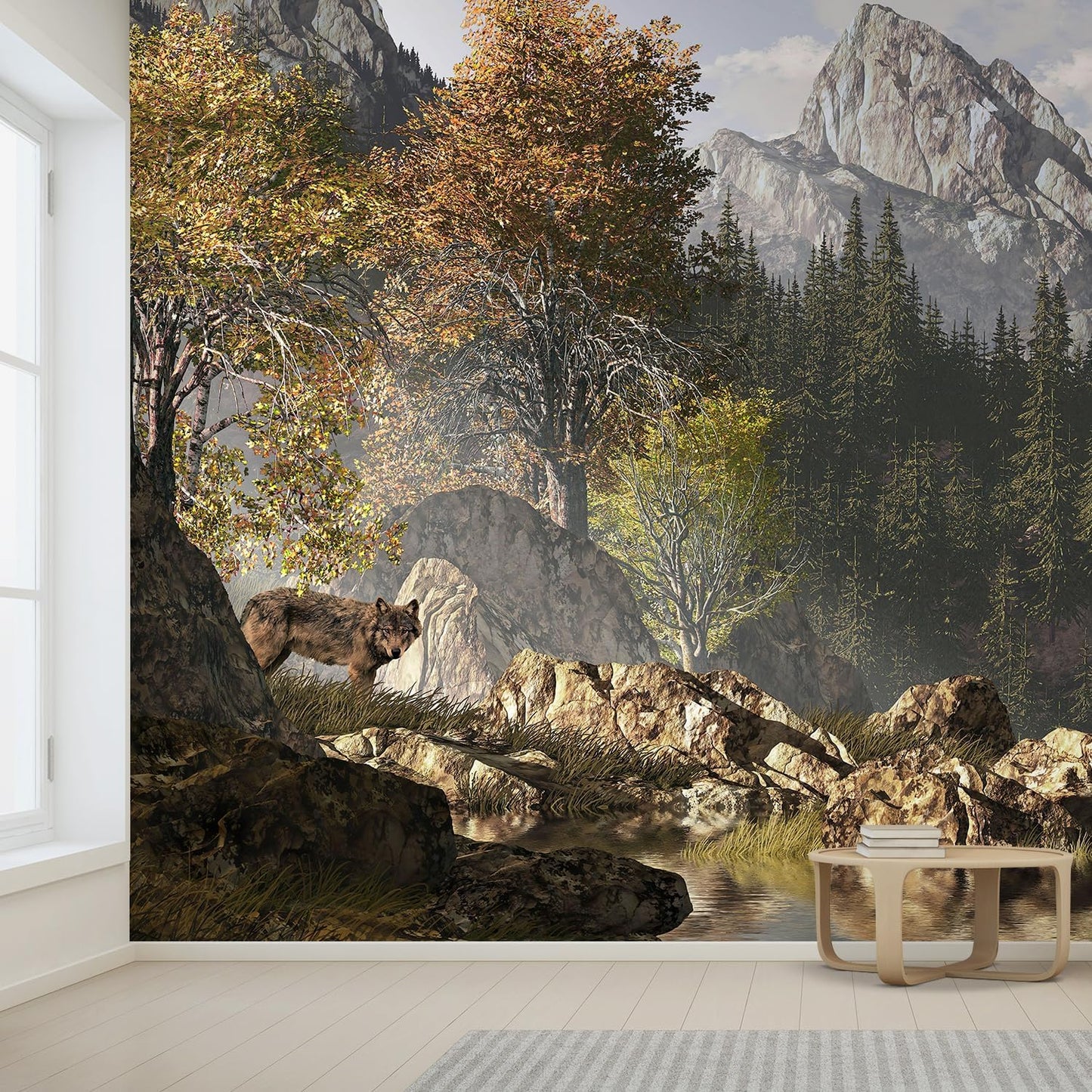 wall26 Wall Sticker/Wall Mural Wolf Near a Lake in a Rocky Mountain Landscape, Not Peel and Stick, Non-Woven Wallpaper Decorative for Bedroom, Living Room,Office - 132x144 inches