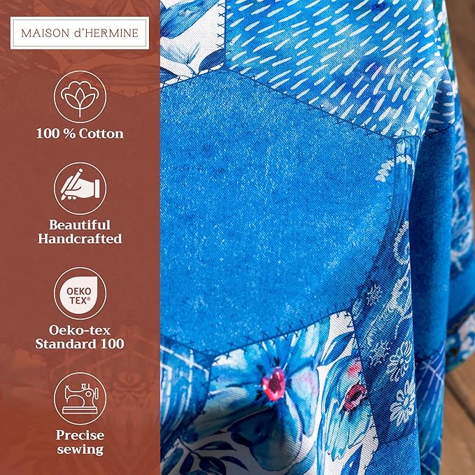 Maison d' Hermine Table Cloth Round Table 100% Cotton 63 Inches Tablecloth Reusable Decorative Everyday Use for Dining Room, Farmhouse, Home, Party, Festive & Wedding Spring Summer - Summer Blues