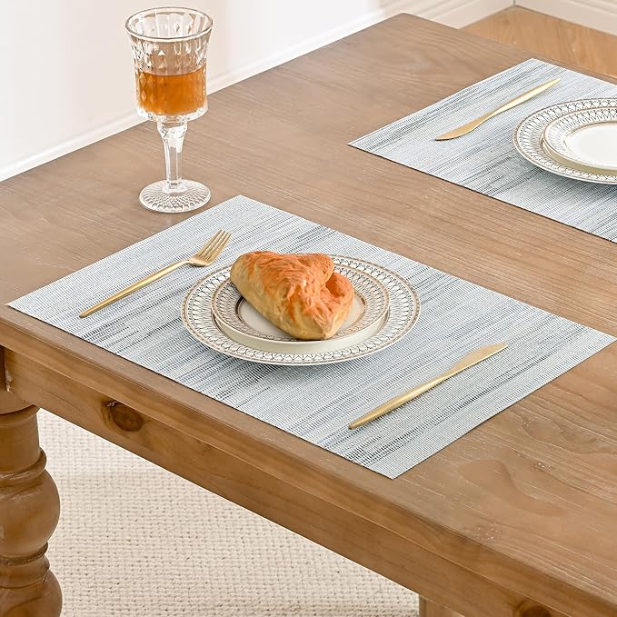 Leetaltree LightSteel Blue Placemats Set of 12 - Heat Resistant Non-Slip Place mats for Dining Table, Washable Durable PVC Vinyl Woven Table Mats（LightSteel Blue, 12）