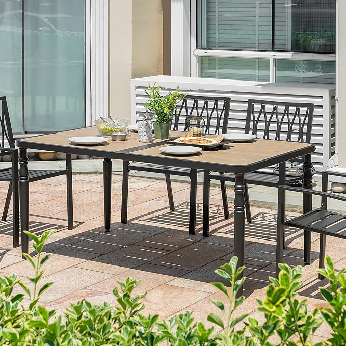 NUU GARDEN Patio Dining Table for 6, 61” x 37” Large Rectangle Metal Table with Wood-Grain Tabletop, Outdoor Table with 2.1” Umbrella Hole for Backyard, Lawn, Garden, Black