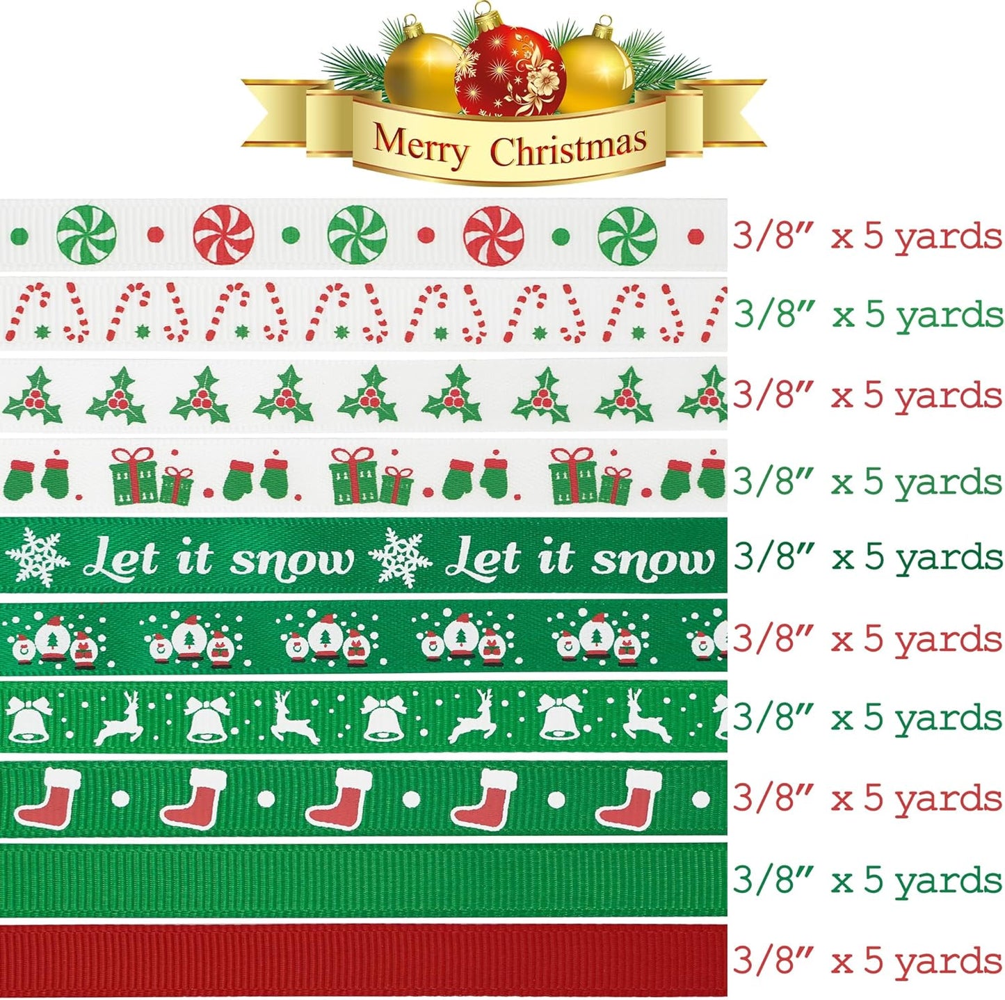MEEDEE 3/8 inch 100 Yards Assorted Christmas Ribbon - Pack of 20 in Red, Green & White - Mix Grosgrain & Double Face Satin Ribbon for Holiday Décor, Gift Wrapping, Xmas Wreath Bow or Crafting Project