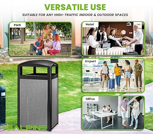 Alpine Industries 40 Gallon Commercial Outdoor Trash Can, Metal with Removable Bin & Locking Lid (Black & Grey)