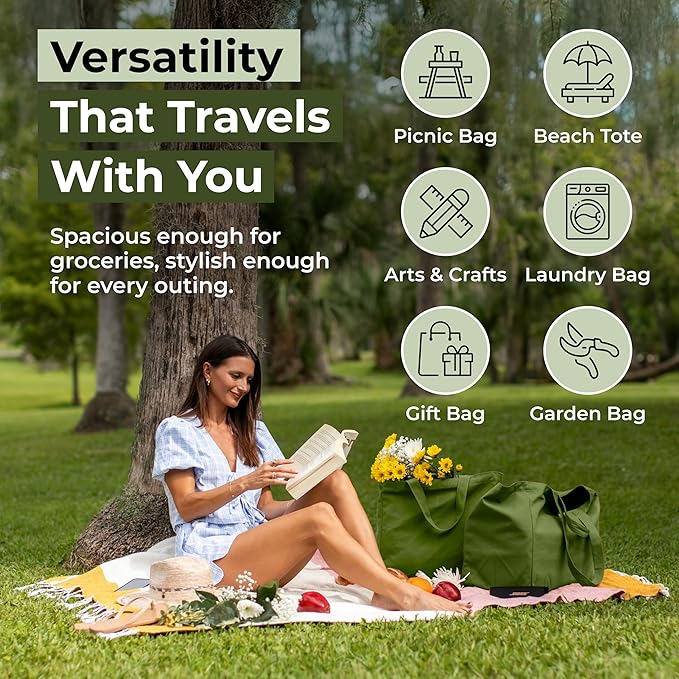 VeraMia Canvas Grocery Bag 3pc XL Set with Real Pockets, Long Shoulder Strap and Short Handle. Heavy Duty, Foldable, Washable