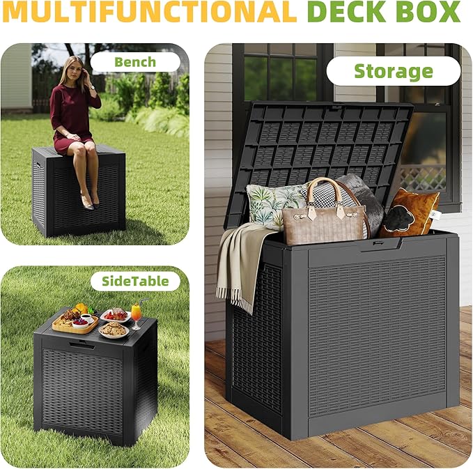 30 Gallon Waterproof Resin Deck Box, UV Resistant Outdoor Storage for Garden, Patio, Porch, Delivery（Black，31 Gallon）