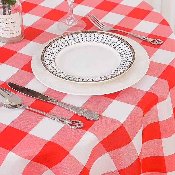 2 Pack Waterproof Polyester Fabic Round Checkered Tablecloth，60 Outdoor Table Cloth，Oil Stain Prevention Table Cloth for Pinics and Parties（Red and White）