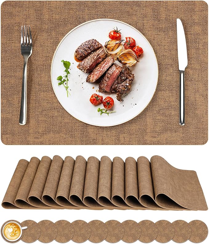 Vinyl Placemats Set of 12, Faux Leather Waterproof and Heat Resistant Place Mats, Washable Anti-Slip Table Mats with Coaster, Wipeable Placemats for Indoor & Outdoor 17" x 12" (Light Brown, Set of 12)