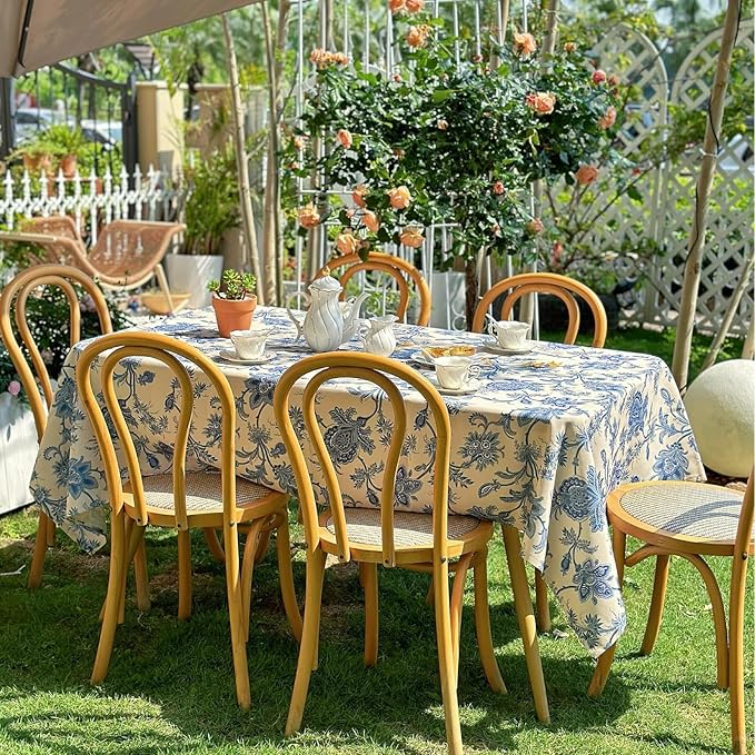 Floral Rectangle Outdoor Tablecloth, Thick Waterproof Table Cloth, Decorative Dining Table Cover for Picnic, Farmhouse, Wedding, Easter, Party - 60'' x 108'', Blue Flower