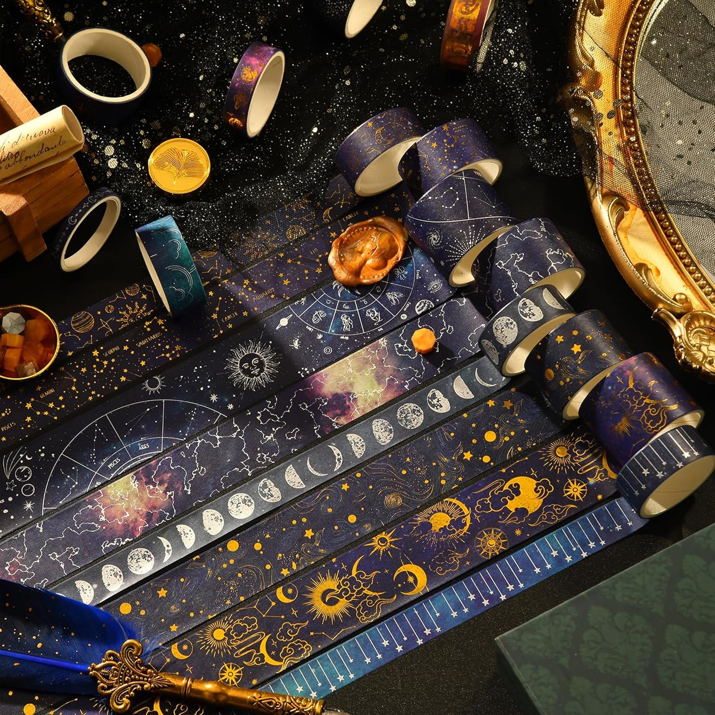 20 Rolls Galaxy Washi Tape Set Stars Arts Adhesive Tapes Gold Silver Foil Decorative Masking Tape Sets for Craft, Kids, Scrapbook, DIY, Gift Wrapping