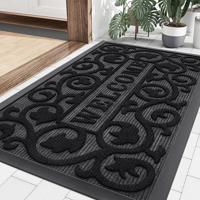 Smiry Welcome Door Mat Outside Entrance, Heavy Duty Trap Dirt and Moisture Easy Clean Low Profile Patio Porch Indoor Outdoor Front Doormat for Entry, 36x24 Inch, Black