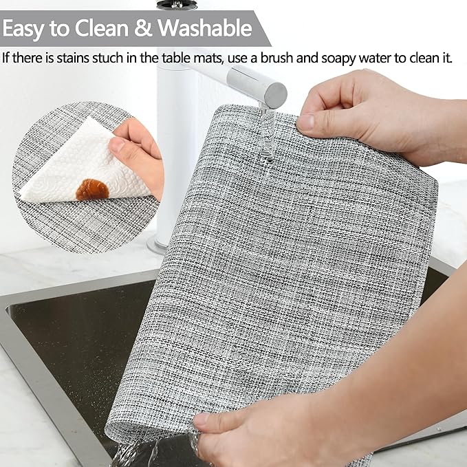 SLKQG Gray Placemats Set of 6 - Easy Clean Washable Vinyl Placemats - Wipeable Heat Resistant Table Mats for Dining Table - 17.7x11.8 Inch (6, Gray Black White)