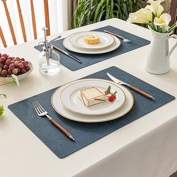 Romanstile Vinyl Placemats Set of 4-12 X 17 Inch - Heat Resistant Place Mats 100% Waterproof Oilproof Wipeable Reversible Faux Leather Table Mats for Kitchen, Dining, Party, Outdoor, Navy Blue