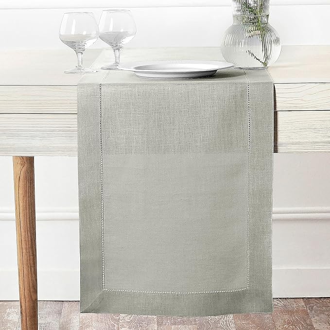 D'Moksha Homes Linen Silver Grey Table Runner 84 Inches Long - 100% Pure Linen Table Runner 14 x 84 Inch for Spring, Easter - Classic Hemstitch