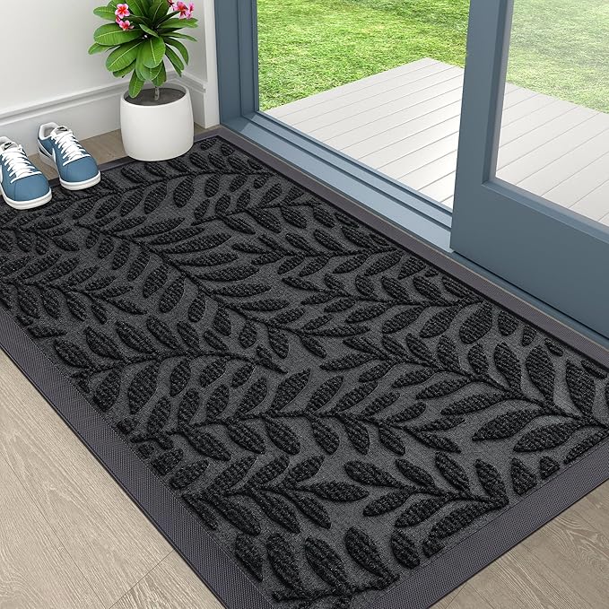 OLANLY Door Mat Indoor Outdoor Entrance, 29.5x17, Waterproof All-Weather All-Season Doormat, Sturdy Natural Rubber, Stain and Fade Resistant, Low Profile, Easy Clean Patio Entryway Mat, Black