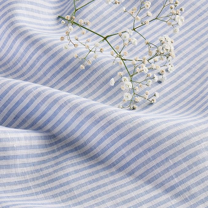 Solino Home Linen Striped Table Runner 144 Inches Long - Narrow Stripe 100% Pure Linen Cornflower Blue and White Dining Table Runner 14 x 144 Inch for Winter, Spring, Easter