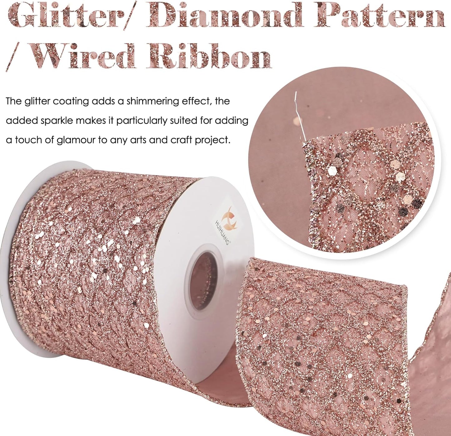 HUIHUANG Rose Gold Christmas Ribbon 4 inch Rose Gold Glitter Wired Ribbon Diamond Mesh Wire Ribbon for X-mas Tree Decorations, Wreaths, Garland, Large Bows Making, Home Decor -10 Yards