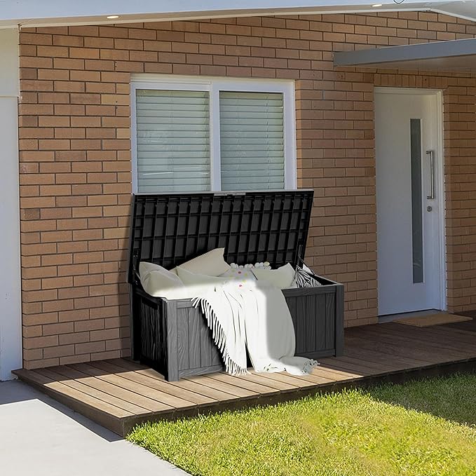 150 Gallon Resin Deck Box, Waterproof Outdoor Storage Box for Patio Furniture, Garden Tools, and Pool Accessories, Lockable UV-Resistant Storage Bin Bench Cabinet for Outside, Black