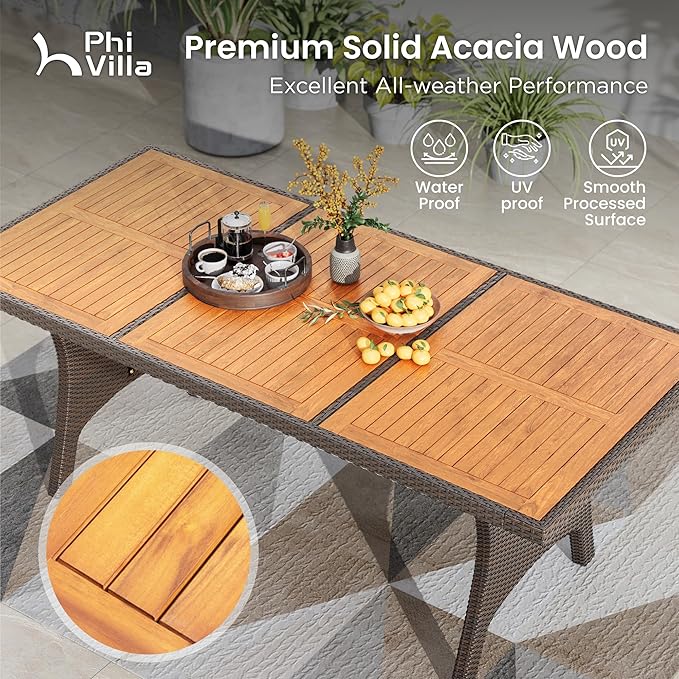 PHI VILLA Outdoor Dining Set for 6, Rectangular Rattan Table with Acacia Wood Top & Wicker Chairs with Cushions, 74” Large Modern Furniture Set for Patio, Deck, Backyard, Porch