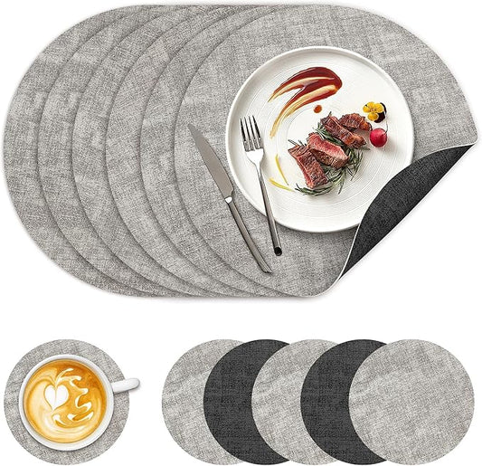 13" Round Placemats Set of 6, NCUE Dual-Sided Faux Leather Heat Resistant Table Mats, Waterproof Oilproof Washable Protective Table Placemats with Coaster, Wipeable Vinyl for Indoor & Outdoor Use