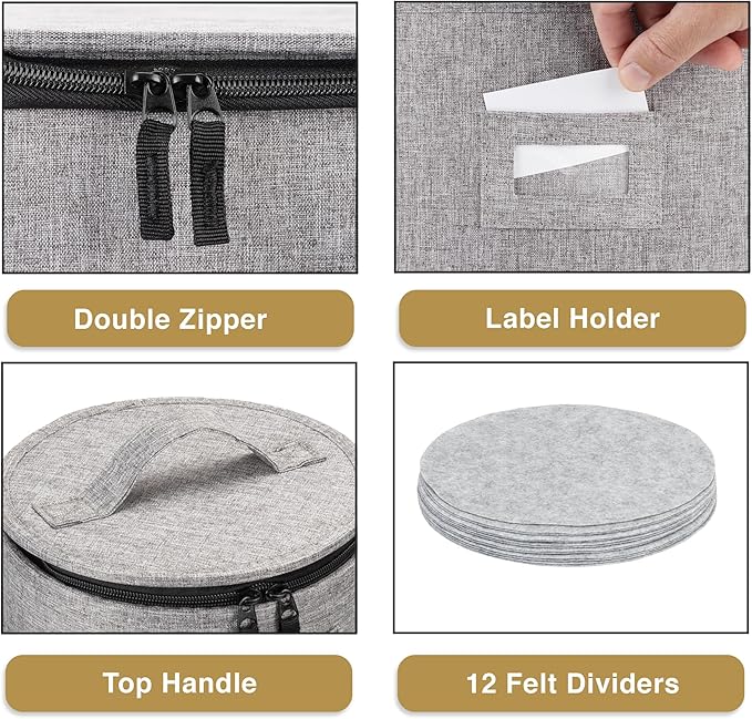 China Storage Container for Saucer, Bowls, and Appetizer Plates - Fit dishes up to 6.5" W - Includes 12 Felt Dividers - Stackable with Hard Shell on all sides and Interior Quilted Padding