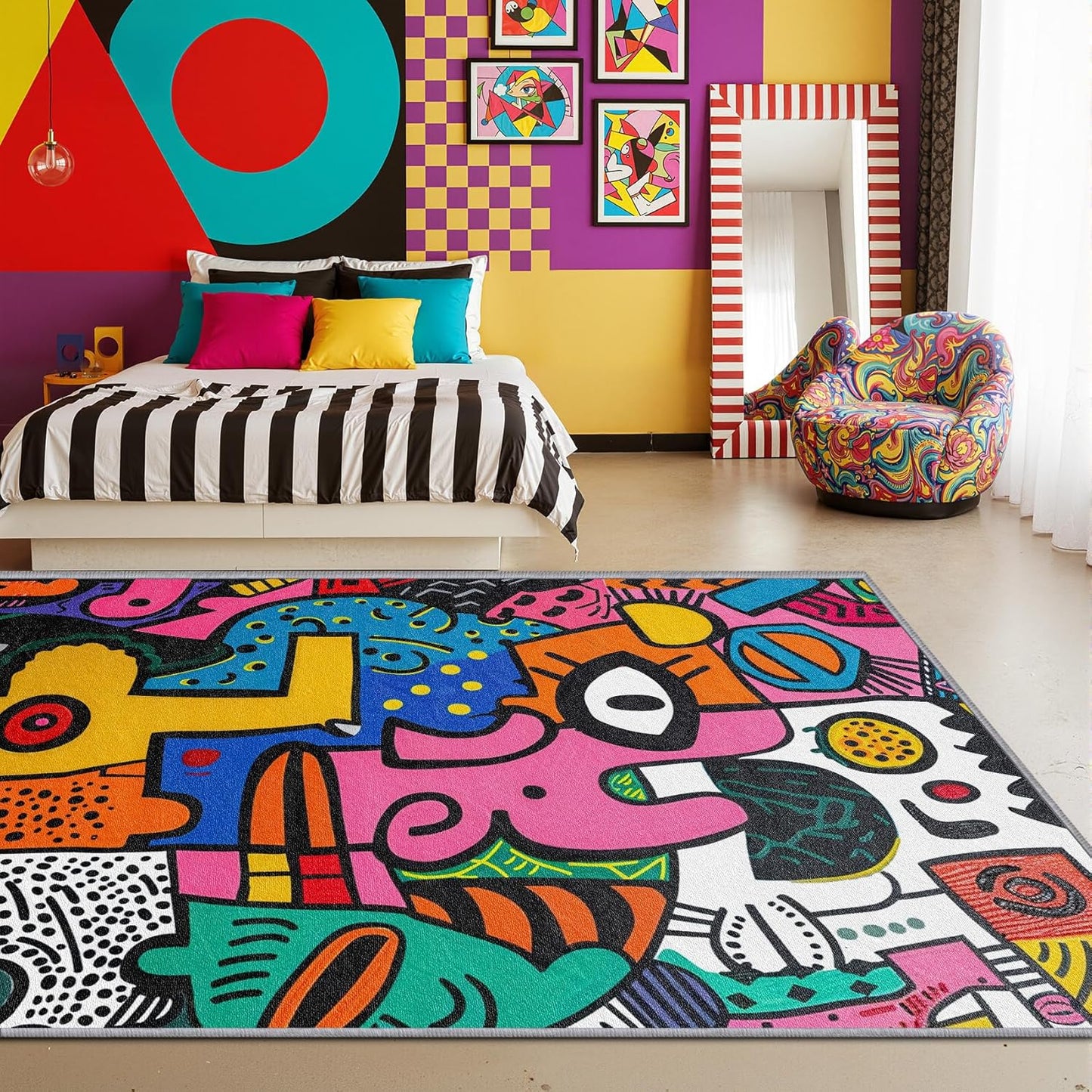 Abstract Rug 5x7-4x5 Rug - Abstract Rug - Colorful Pop Art Area Rug - Modern Geometric Graffiti Rugs - Multicolor Artistic Carpet - Home Decor