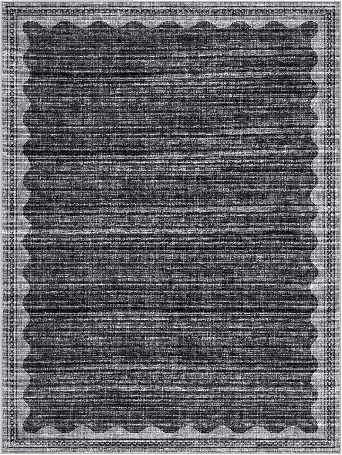 Scalloped Washable Rug 8x10 Area Rugs for Living Room, Solid Grey Rug for Bedroom Girls, Non Slip Throw Carpet with Rubber Back, Soft Dorm Nursery 8x10 Rugs for Dining Room