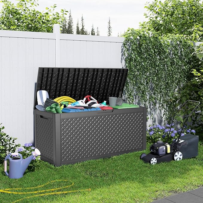 121 Gallon Large Deck Box,Resin Outdoor Storage Box with Lockable for Patio Furniture, Pool Accessories, Garden Tools Waterproof Outside Storage Box, Black