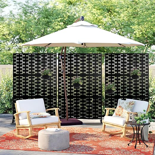 Casaphoria 72" H x 47" W Metal Outdoor Privacy Screen, Freestanding Decorative Divider for Patio, Deck, Balcony, and Garden with Stable Base, Black Brick