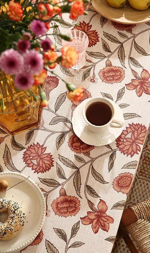 ISAENNE Designer French Rectangular Tablecloth,Linen Orange Floral Pattern Indoor Table Cloth,Wrinkle Resistant Decor Table Cloth for Dining Thanksgiving Kitchen Party,55"*87"-Alvarado D
