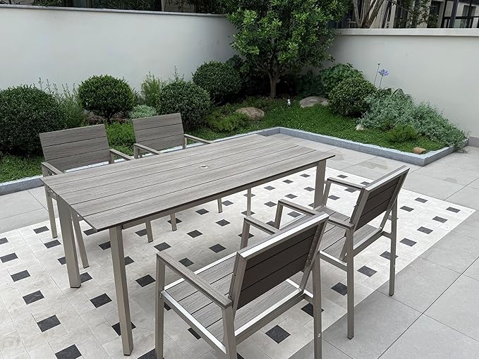 Outdoor Dining Set for 6, Patio Table and Chairs Set with Umbrella Hole, 7 Pieces HDPS + Aluminum Outdoor Furniture Sets for Patio, Garden (Gray & Teak)