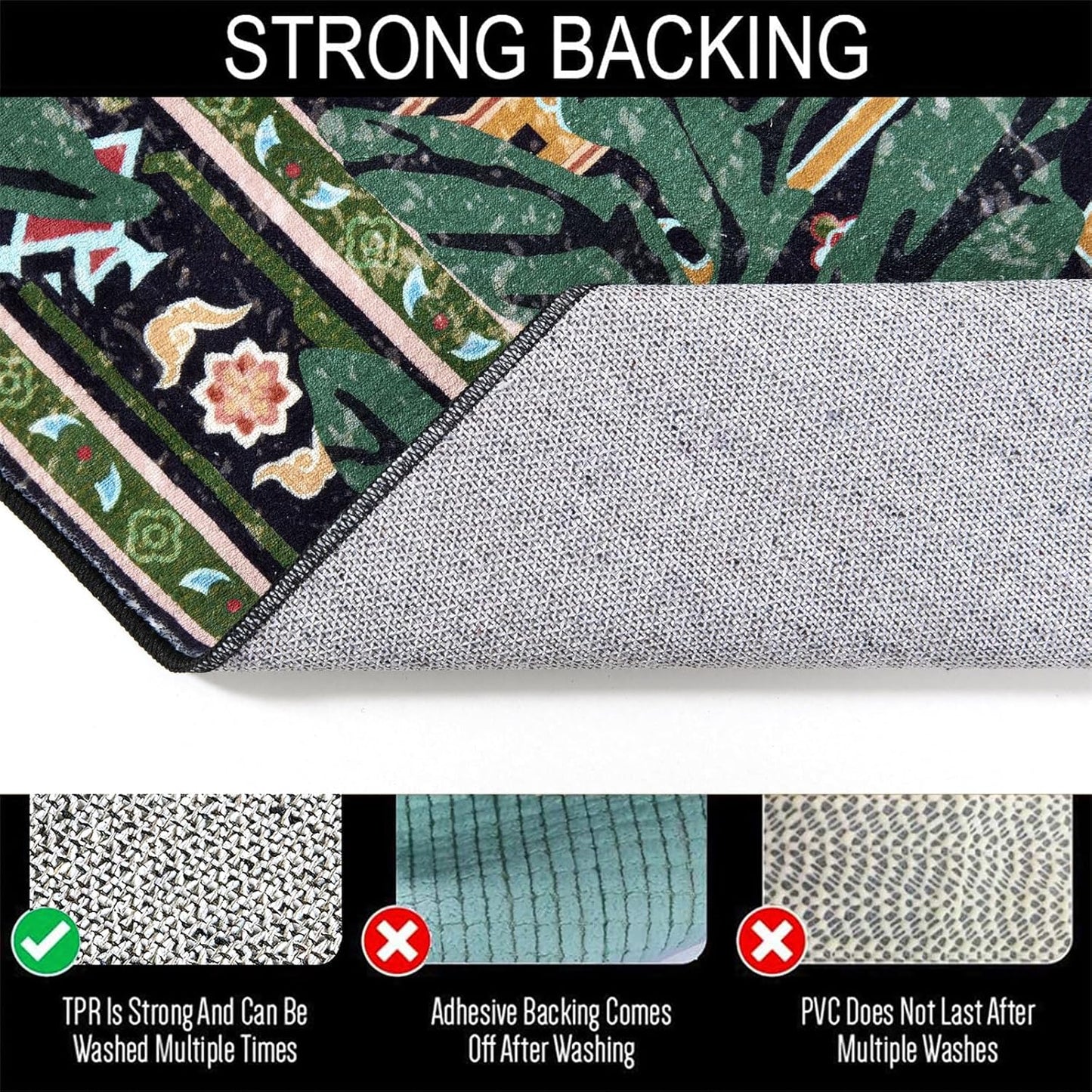 Oriental Tropical Indoor Door Mat Washable, Thin Black Boho Vintage Distressed Hippie 3x5 Throw Rugs for Bedroom Bathroom Kitchen Non-Slip Abstract Botanical Tribal Indian Entryway Carpet