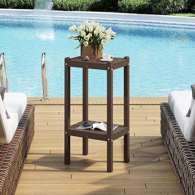 Costaelm Outdoor Side Table, 2-Tier Small Patio Coffee Tables for Outside, Outdoor End Tables for Patio, Adirondack Side Table for Outside, Outside Table for Pool, Porch, Garden, Dark Brown