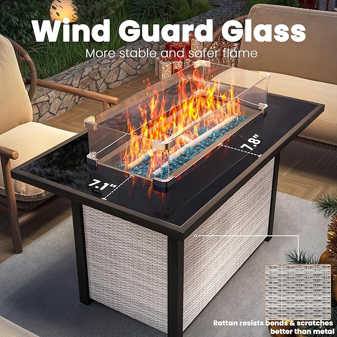 Propane Outdoor Fire Pit Table, 43" Rattan Rectangle Fire Pit Table, Outdoor Gas FirePit W/Glass Wind Guard, Tempered Glass Tabletop, Lid, CSA Listed, 60,000 BTU for Outside Patio Deck & Garden