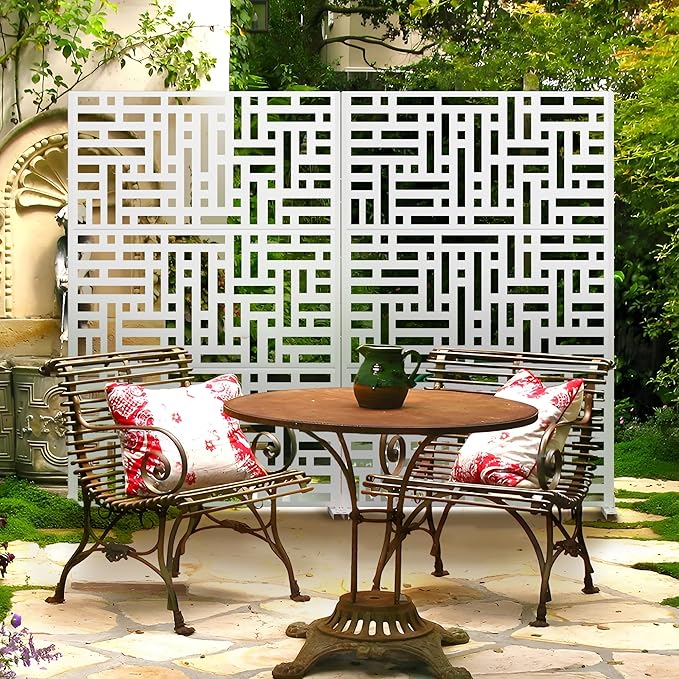 Metal Privacy Screen Outdoor 72" H×47" W,Freestanding Decorative Privacy Screen for Balcony Yard&Garden,Privacy Fence-White&Street