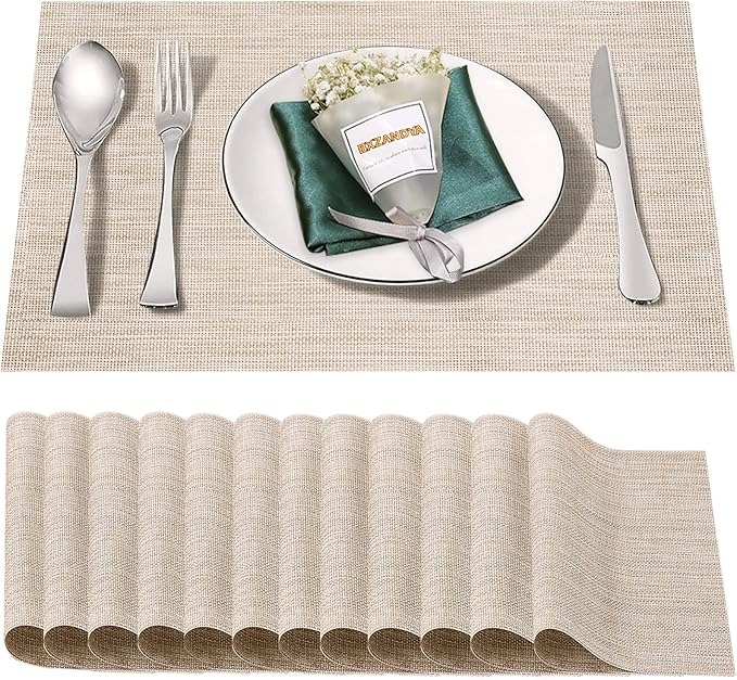 Placemats Set of 12,Washable,Heat and Stain Resistant Indoor/Outdoor Place mats,Vinyl Woven Non Slip Table Mats for Restaurant Table Protection,PVC Placemats(Beige White,12PCS)