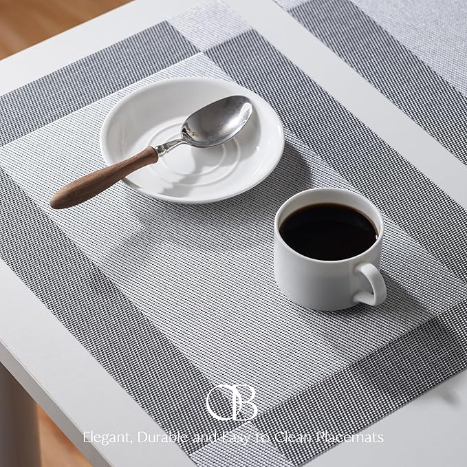Placemats Set of 12 - Easy Clean Woven Vinyl Placemats for Dining Table, Indoor/Outdoor Place Mats, Washable PVC Table Mats （Silver Cube）