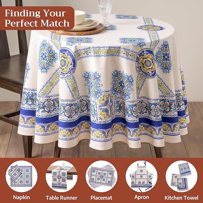 Maison d'Hermine Premium Table Cloth Round Table 100% Cotton 70 Inches Tablecloth Reusable Decorative Everyday Use for Dining Room, Farmhouse, Home, Party, Festive & Wedding - Sciacca