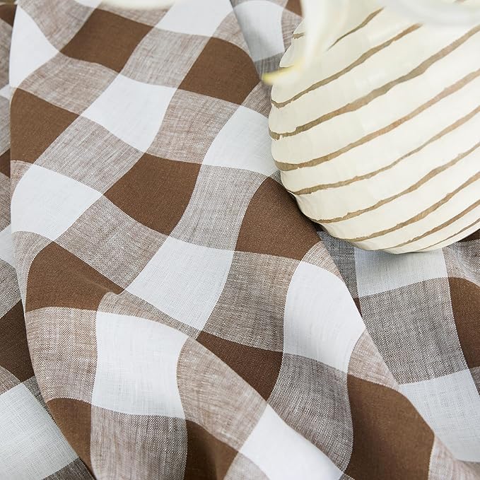 Solino Home Table Runner 132 Inches Long - 100% Pure Linen Buffalo Check Coco Brown and White Table Runner 14 x 132 Inch Ideal for Dining