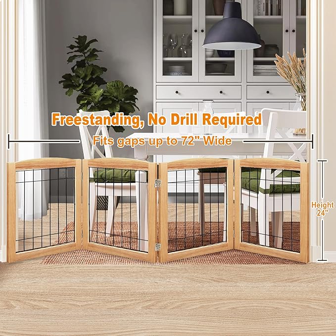 LZRS 4-Panel Extra-Wide Wooden Freestanding Dog Gate: Foldable Solid Wood and Steel Wire Chew Resistant Safety Barrier for Doorways, Stairs, and Large Open Spaces Indoor Use, Natural
