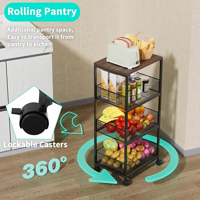 HapiRm Fruit Basket Kitchen Cart - 4-Tier Rolling Storage Cart with Wheels, Fruit Vegetable Basket with Wood Top, Pantry Utility Kitchen Organizer for Fruit Potato Onion Vegetable Bread Snack