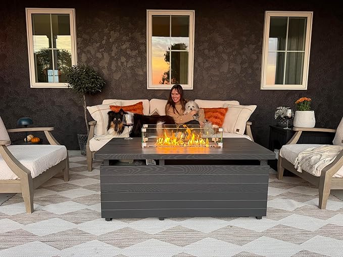 Sundale Outdoor 51 Inch Outdoor Fire Pit Table, 50,000BTU Rectangle Propane Fire Pit with Sliding Tank Holder, Glass Wind Guard, Removable Lid, CSA Certified, Gray