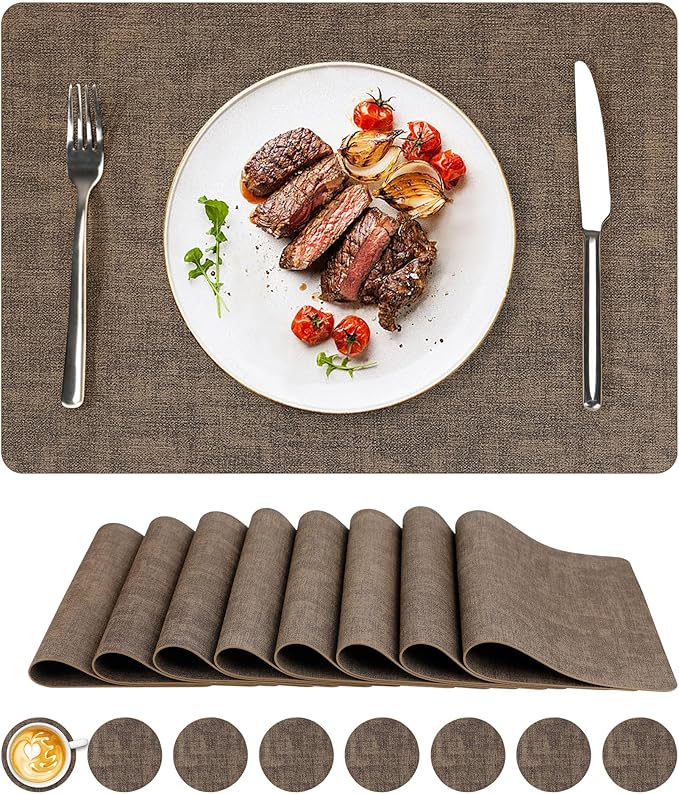 Vinyl Placemats Set of 8, Faux Leather Waterproof and Heat Resistant Place Mats, Washable Anti-Slip Table Mats with Coaster, Wipeable Placemats for Indoor & Outdoor 17" x 12" (Dark Coffee, Set of 8)