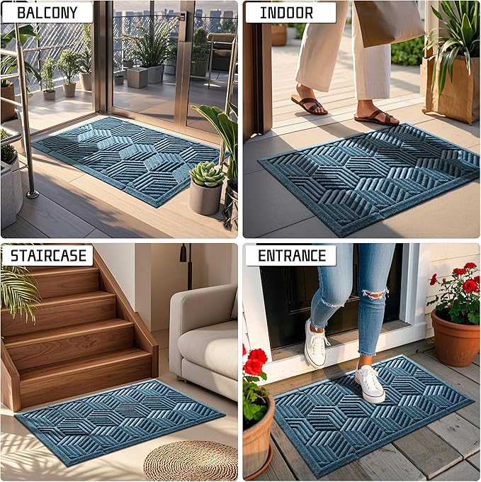 Yimobra Door Mats Outdoor 29.5x17, All-Season Waterproof Outdoor Mats for Front Door Entrance with Drainage Holes, Heavy Duty Non-Slip Doormat for Garage Patio Entryway Indoor, Blue